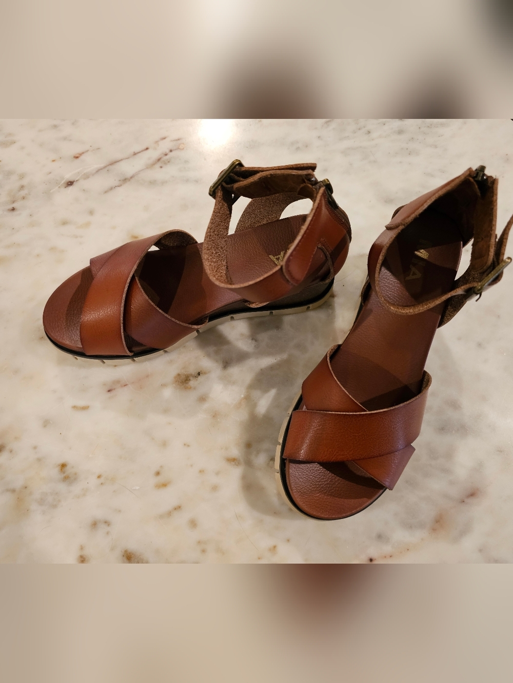 MIA Brown Leather Cross-Strap Ankle Sandals